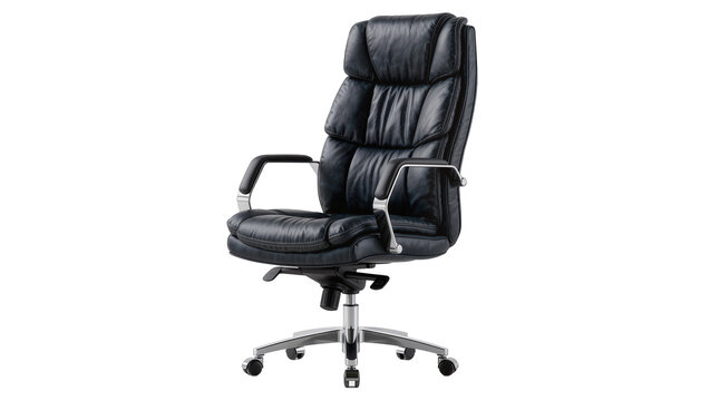 Plush black leather executive office chair with chrome accents, isolated on transparent background
