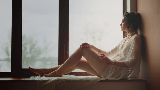 Fantasy young woman sitting on windowsill panoramic window. Romantic sad girl waiting for love hugs bare legs, day sky sun light fog. vintage white silk dress. art style real person fashion model. 4k