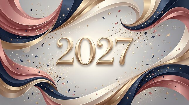 2027 year celebration design with shiny gold numbers and abstract confetti background