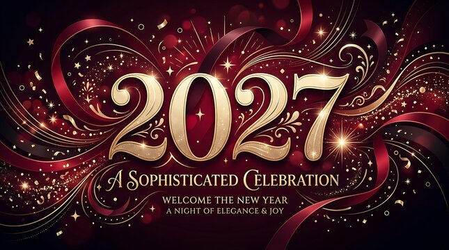 Elegant 2027 new year celebration design with gold sparkles and decorative swirls
