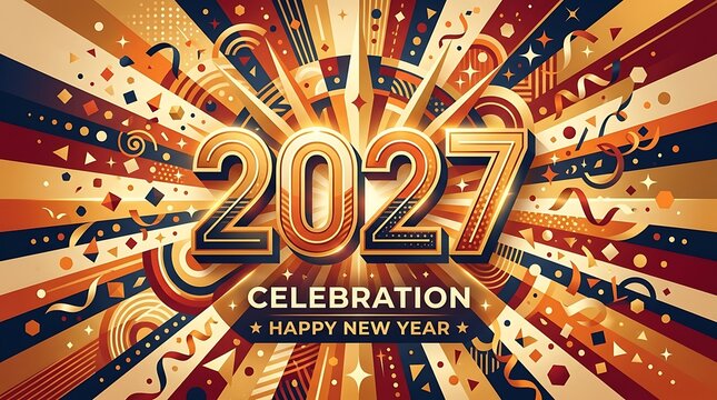 Happy new year 2027 celebration with colorful fireworks and confetti explosion