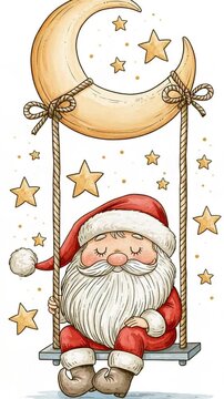 Cute cartoon Santa Claus riding on a rope swing moon on a white background, flat design animation