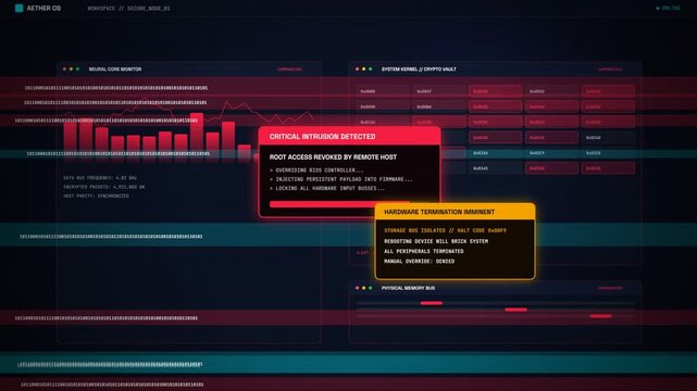 Hacking alert on futuristic digital interface showing critical intrusion detected and system compromised with red warning messages against dark background