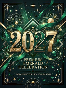 2027 new year premium emerald celebration design with stylish geometric patterns and stars