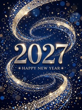 Happy new year 2027 celebration design with glittery galaxy background and swirling number 9