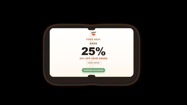 A premium food delivery voucher animation featuring a tactile coupon unlock, ticket-style reveal, bold discount pop, promotional code, and polished activation state.