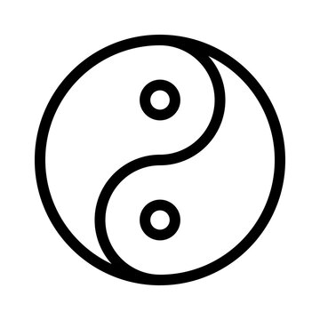 The yin and yang symbol displays two swirling forces, one dark and one light, encompassing balance and harmony in a dynamic interplay. Thin black line vector icon on white background
