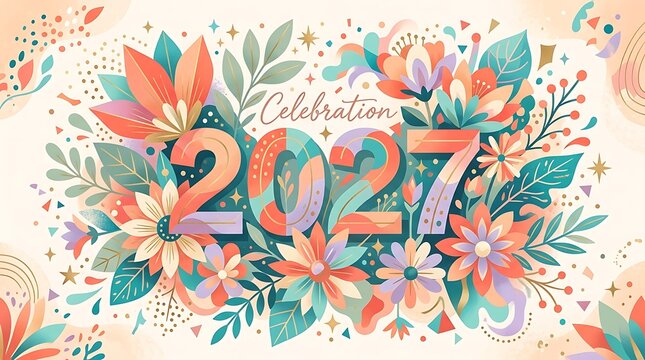 Celebration design with 2027 year floral elements and confetti background