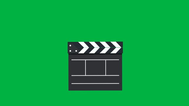 Animated movie clapperboard on green screen with realistic opening and closing motion, bouncing impact effects, and smooth cinematic production slate transition.