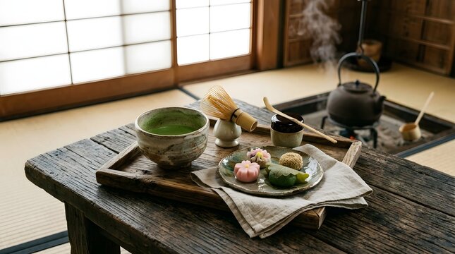 Traditional Japanese Tea Set with Steaming Iron Kettle and Wagashi Sweets in Tatami Interior