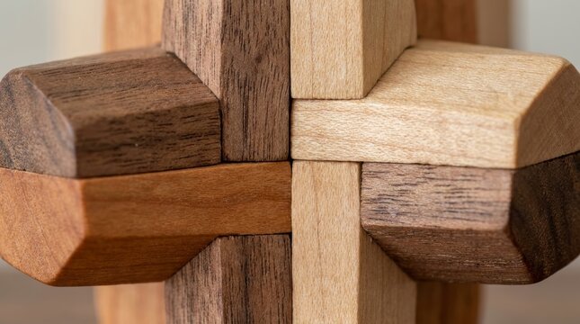 Close up of interlocking natural wooden blocks and texture