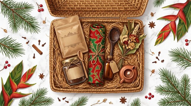 Illustrated Christmas gift hamper in open rattan basket with red green batik cloth, kraft pouch, spice jar, wooden spoon and dried flowers on marble with pine branches and heliconia