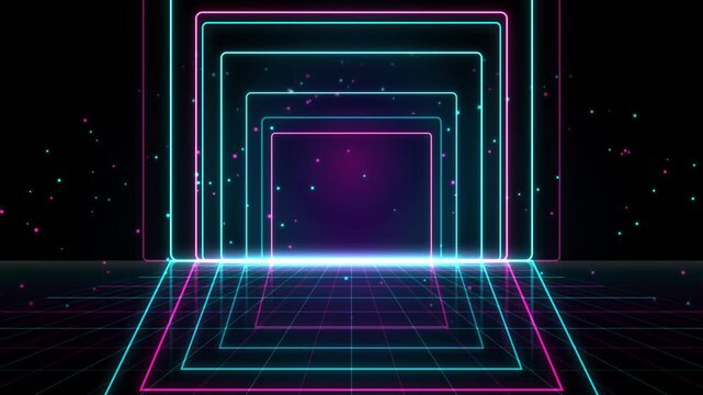 Retro neon square tunnel with synthwave grid floor glowing cyan and magenta geometric frames futuristic 80s aesthetic digital background