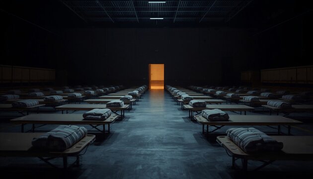 Rows of Empty Cots with Folded Blankets in a Dim Emergency Shelter at Night