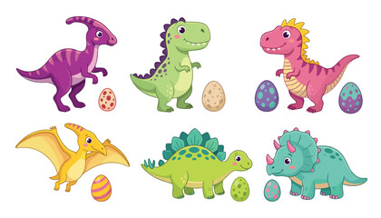 Cute cartoon dinosaur character collection with colorful prehistoric eggs including triceratops stegosaurus pterodactyl vector illustration © Siraj