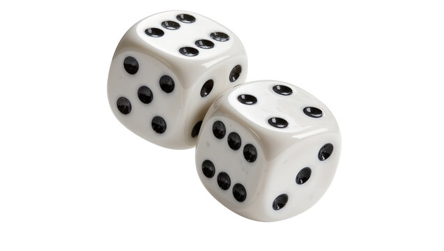 Two white dice with black pips showing numbers, isolated on transparent background