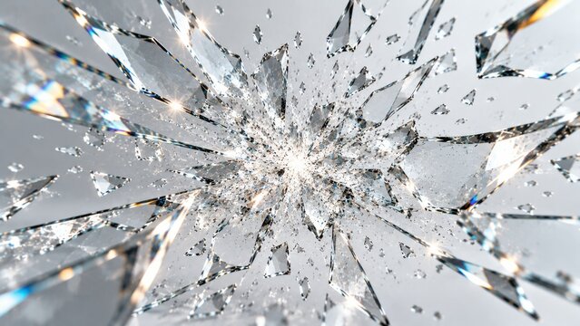 Abstract shattering glass background with sharp crystalline shards exploding from central light source.