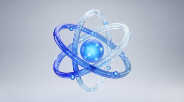 3d render of a glowing blue atom with orbiting electrons on a soft light grey background, representing science, physics, and technology concepts