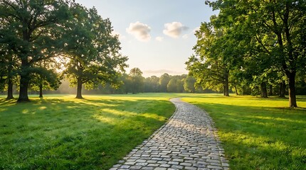 Fototapeta premium Cobblestone path winding through a sunlit green park with lush trees and soft morning light