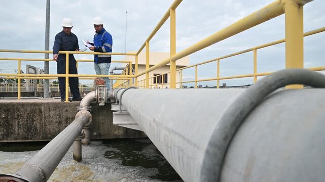 Engineers Checking Technical Plans and Pipeline Systems at an Industrial Treatment Plant