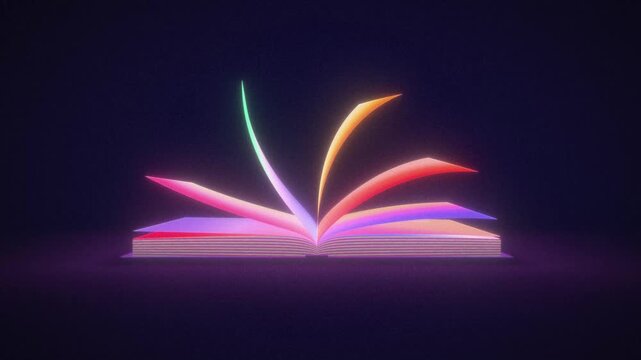 Open Book With Fanned Neon Pages Cycling Colors on Dark Background