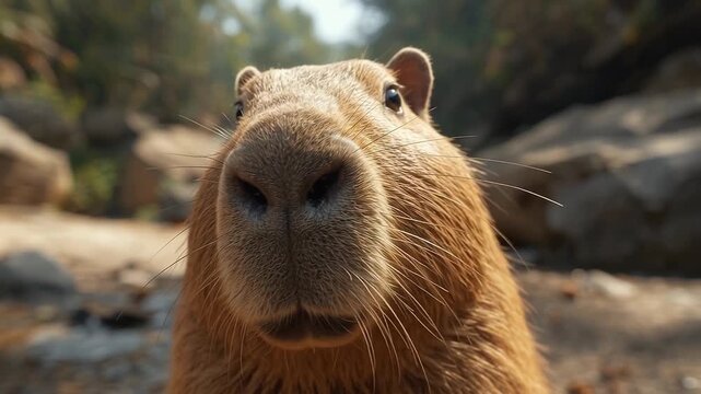 The captures the charming essence of a capybara in its natural habitat. The capybara's attentive gaze and the details of its fur create an engaging scene.