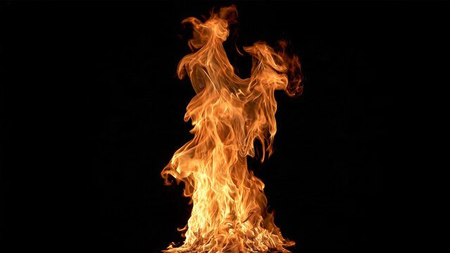 Single roaring fire flame rising vertically against a solid black background. Detailed bright orange fire element overlay graphic resource for creative design and editing usecases.