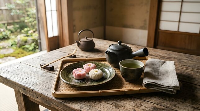 Japanese Tea Set with Flower Shaped Wagashi and Teapot