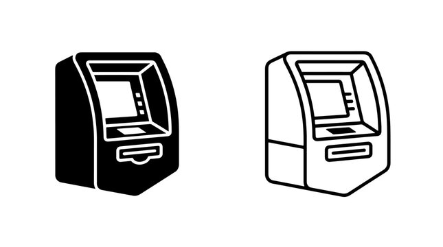 Automated teller machine cash terminal in solid and outlined icon style