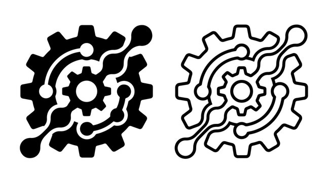 Industrial gear machine cogwheel with circuit lines in two style icons