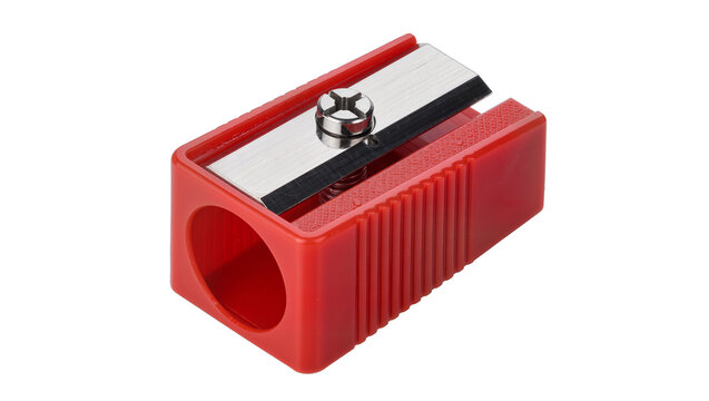 Red plastic pencil sharpener with metal blade, isolated on transparent background