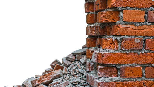 Crumbled red brick wall debris and rubble, isolated on transparent background