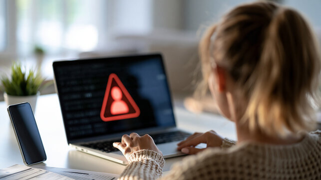 Scam alert warning european woman seen from behind using a laptop and a smartphone warning sign for scams on the screen and a blurred unknown user silhouette icon bright home