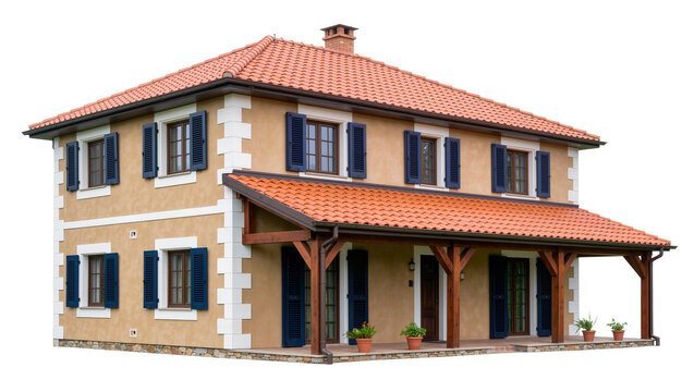 Two-story stucco house with red tile roof dark blue shutters and wooden porch, isolated on transparent background