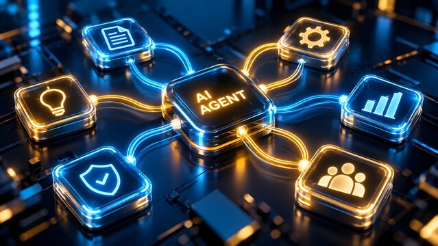 Glowing digital microchip processor connecting multiple business workflow modules illustrating automated artificial intelligence agent system integration and smart analytics