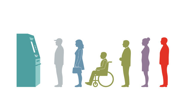 Diverse group of people waiting in a queue line in front of an automated teller machine for banking transactions.