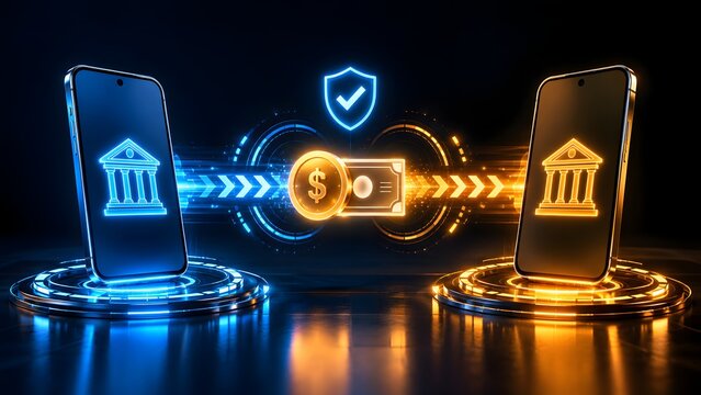 Glowing digital smartphones transferring money with secure shield icon illustrating mobile banking application peer to peer financial transaction and safe online payment