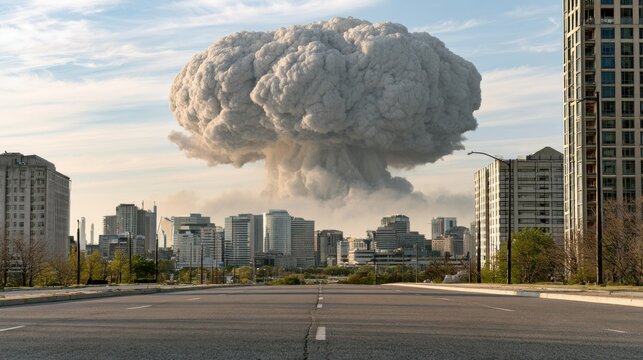 Massive mushroom cloud rising behind a modern city skyline with empty multilane road and damaged high rise buildings in an apocalyptic urban landscape