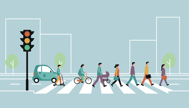 Urban street scene showing pedestrians crossing crosswalk alongside traffic lights and city buildings.