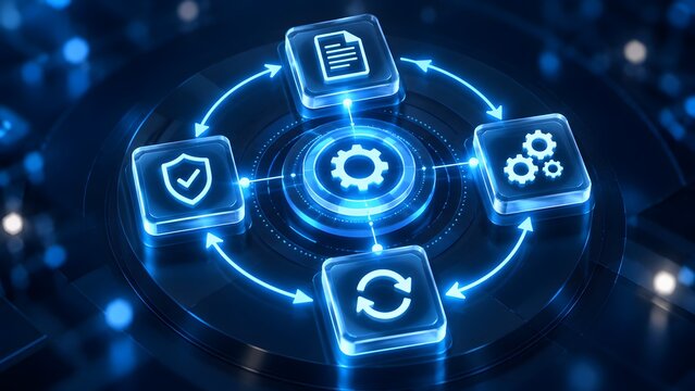 Glowing blue circular digital diagram with workflow icons illustrating continuous automated system integration secure data processing and software development lifecycle