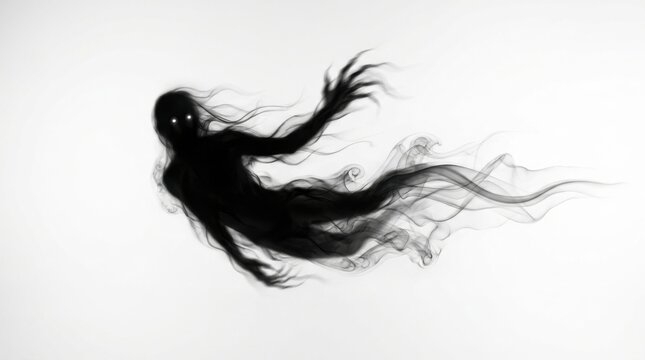 Black smoke ghost silhouette with glowing eyes on white background for horror and supernatural art.