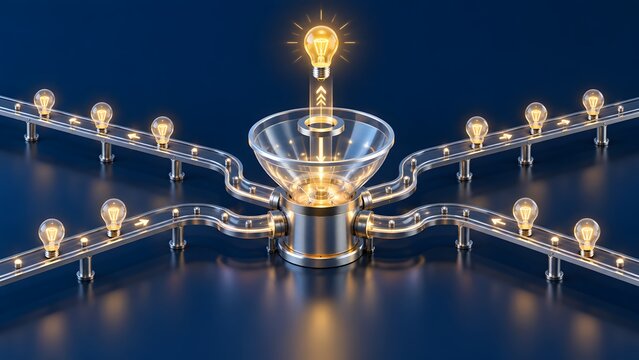 Central funnel collecting multiple glowing lightbulbs from conveyor tracks illustrating business idea aggregation brainstorming innovation pipeline and creative strategy