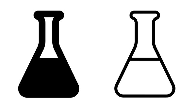 Erlenmeyer flask flat icon set with solid and outline chemical glassware