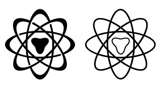 Atomic structure flat icon set with black solid and outline orbit theme