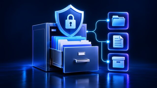 Glowing digital security shield protecting physical file cabinet and virtual folders illustrating safe document management system and confidential archiving