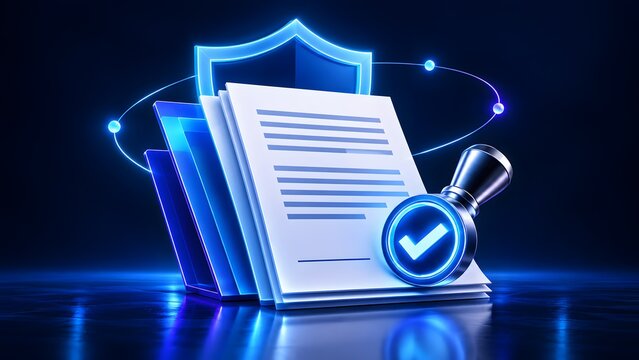 Glowing digital document stack with security shield and checkmark stamp illustrating certified data compliance secure legal contract and corporate privacy protection