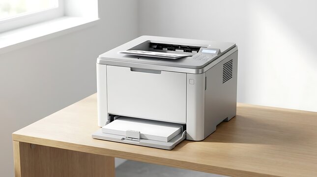 Modern laser printer with paper tray open on a wooden desk in a bright office environment