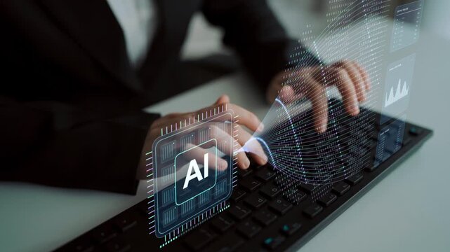 A person types on a keyboard. An AI hardware system joins information processing with network transmission, illustrating how a processor connects data streams and remote computing nodes.