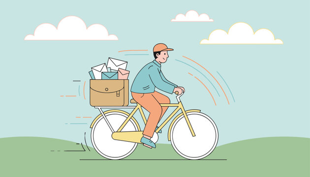 Friendly mailman riding a bicycle to quickly deliver letters and envelopes carried in a large brown bag.