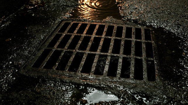 Storm drain street rain water reflection puddle wet urban night metal storm drain grate wet street with rain water reflection puddle and moody night urban light creating dramatic texture rough